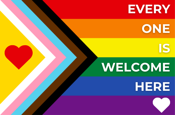 Pride flag with welcoming message.
